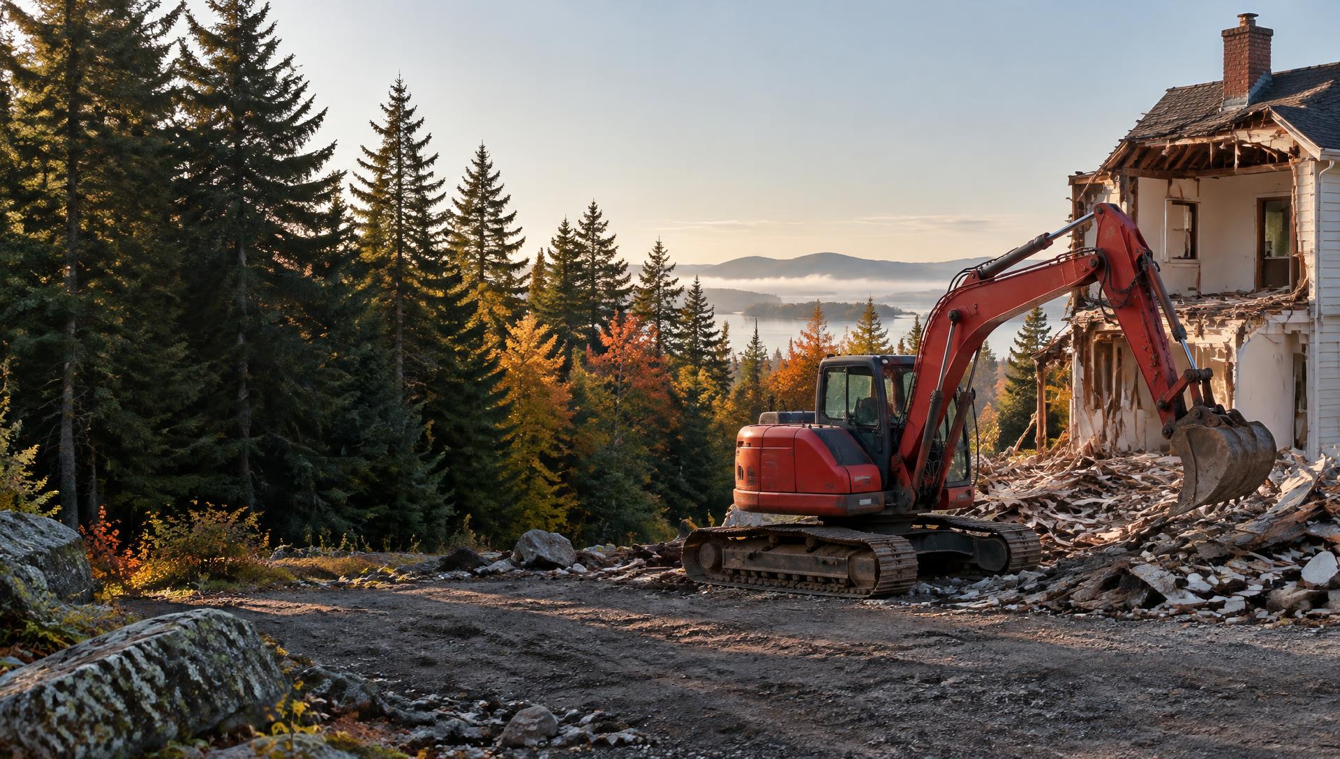 Illustrative demolition worksite with red excavator and a Maine timber home
